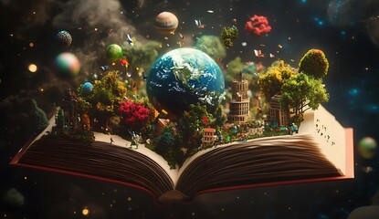 Naklejka premium A magical world emerges from an open book, featuring floating books and fantastical creatures, with Earth in the middle, surrounded by buildings made from oversized natural elements like trees and wat