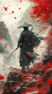 Depictions of famous samurai, like Miyamoto Musashi or Oda Nobunaga, in stylized art forms.