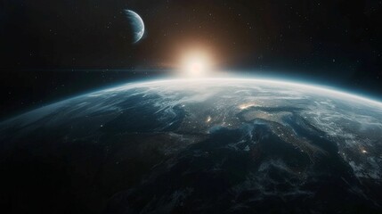 Obraz premium Expansive view of Earth and moon as the sun rises, showcasing the beauty of space and our planet’s atmosphere