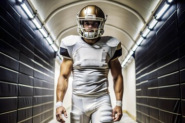 Football player, man and walking through tunnel in stadium for tournament, match and ready for competition. American contact sport, face and professional athlete in cloakroom corridor after half time