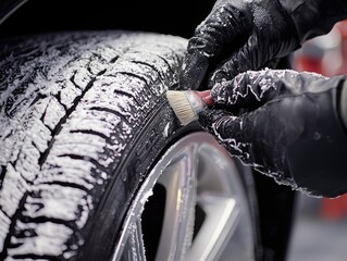 Mechanic wearing orange overalls inspecting car tire after washing