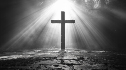 Naklejka premium Black and white, light beams from a big cross