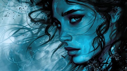 Fototapeta premium Abstract portrait of a woman with blue and black paint.