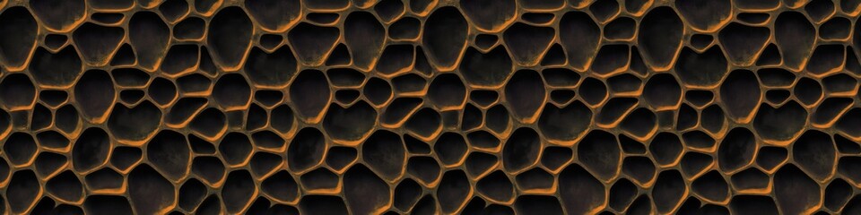 abstract 3d long wide panorama background - Yellow black colored painted concrete cement wall wallpaper texture with holes, seamless pattern