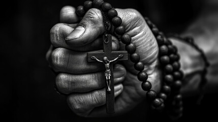 A wooden rosary held tightly in a clenched fist, with the cross clearly visible. Close up, bw