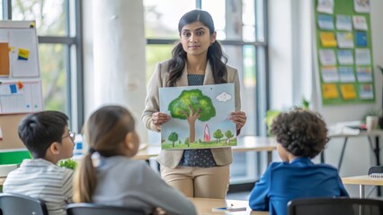 A classroom scene where an Indian teacher educates students about environmental issues, using posters and eco-friendly activities.
