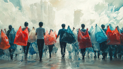 Obraz premium Depictions of people struggling with multiple plastic bags, showing the practicality but also the excess of single-use plastics.
