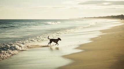 A dog joyfully runs along a sandy beach, playing in the gentle waves of the ocean.