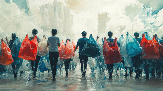 Depictions of people struggling with multiple plastic bags, showing the practicality but also the excess of single-use plastics.