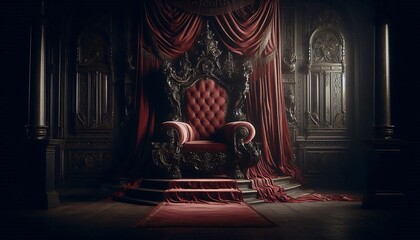 Fototapeta premium Grand Throne with Rich Red Upholstery in Royal Chamber.
