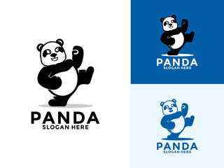 Cute Angry Cartoon Panda kick logo vector icon, Panda cartoon logo template