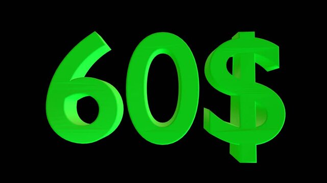 60 dollar animation isolated on black background for business concept