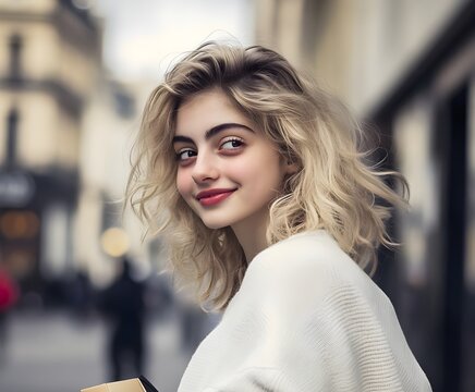 Cute Charming Beautiful Girl Wearing White Sweatshirt in the Market with Flowing Blonde Hair