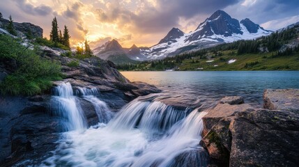 Naklejka premium Serene Waterfall Cascading Into Tranquil Mountain Lake at Sunset
