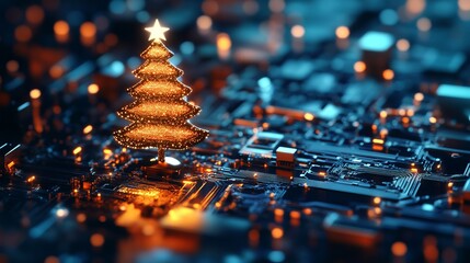 Beautiful Merry Christmas greeting card computer technology style. Christmas tree digital technology. Christmas poster template, Christmas cards digital technology style with details.