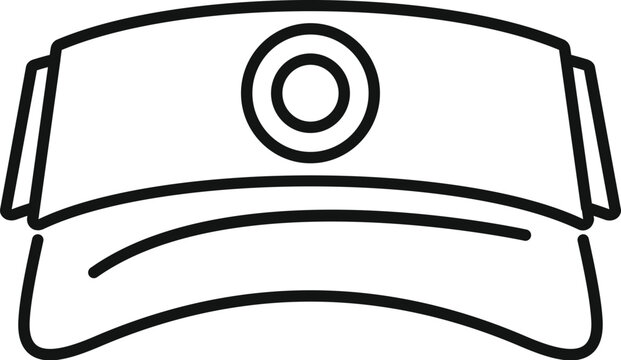 Simple black and white vector icon of a sun visor hat with a round badge for branding