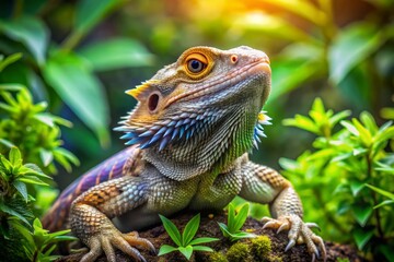 Obraz premium In a vibrant, lush environment, a dragon barbudo's scales glisten with color as its powerful wings unfold, surveying