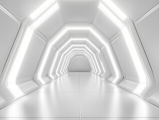 Fototapeta premium Empty futuristic white hallway with glowing LED lights, modern sci-fi architecture, clean minimalist design, bright corridor, geometric shapes, futuristic interior, sleek futuristic passageway