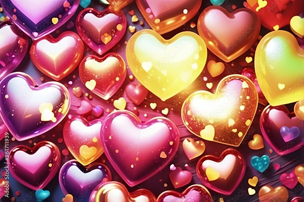 Wall mural pop background featuring an array of glossy, colorful 3d hearts. made with generative ai technology