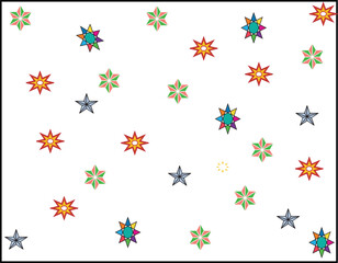 A bold seamless pattern with black doodles of stars, and other playful shapes on a white background, creating a fun and dynamic tile ornament perfect for modern and quirky designs.