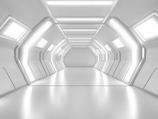 Empty futuristic white hallway with glowing LED lights, modern sci-fi architecture, clean minimalist design, bright corridor, geometric shapes, futuristic interior, sleek futuristic passageway