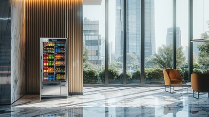 Office with a vending machine in front of a floor-to-ceiling window next to a clean wall, marble floor, bright, modern. Generative AI.