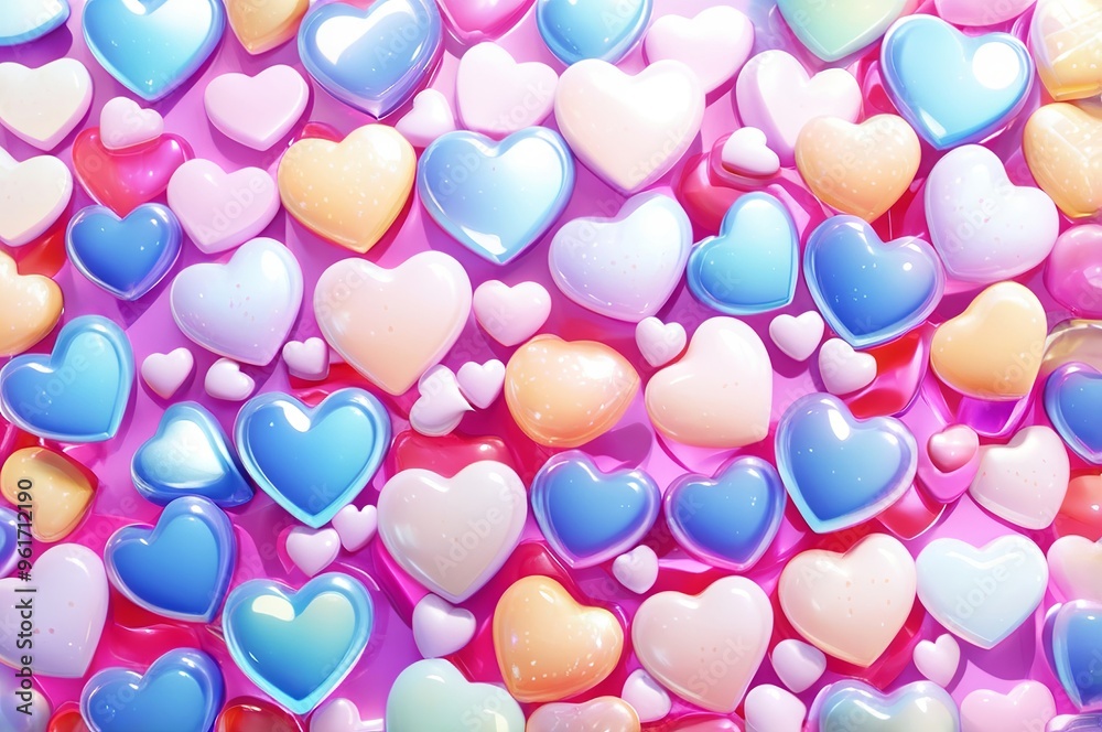 Wall mural pop background featuring an array of glossy, colorful 3d hearts. made with generative ai technology