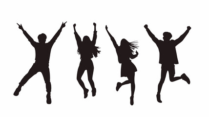  Silhouettes of four modern men and women, celebrating, full body, with a white background