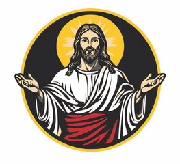 Logo of Jesus with outstretched arms inside a golden circle, in a simple cartoon style