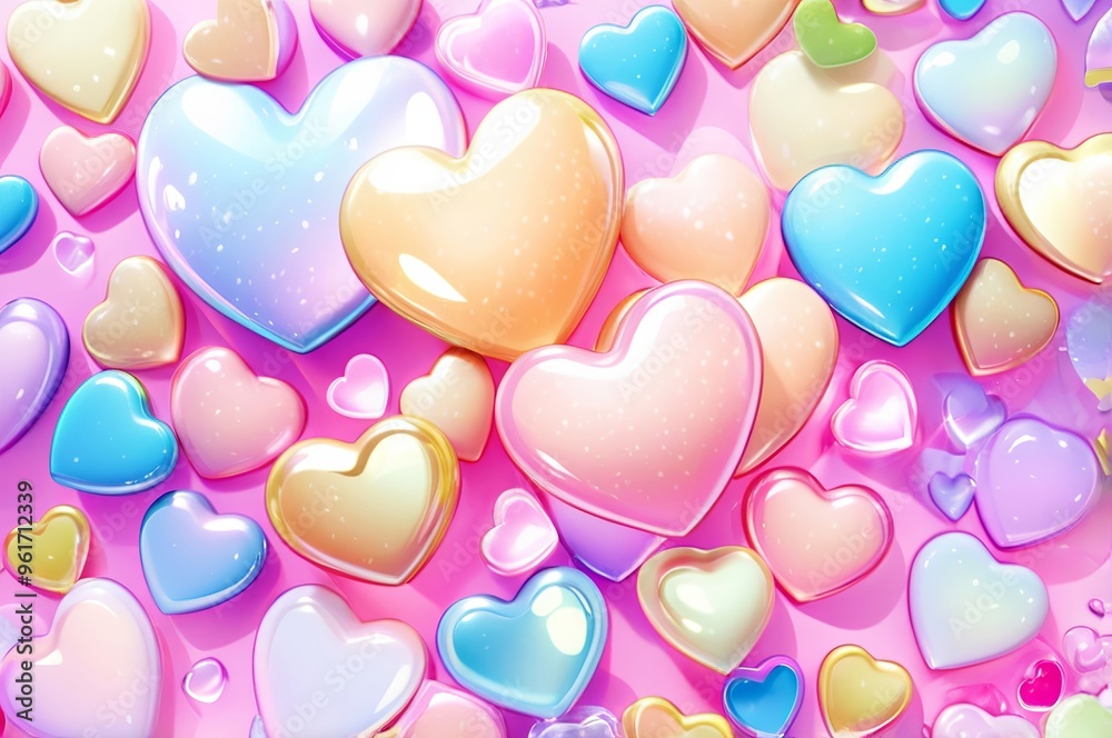 Wall mural pop background featuring an array of glossy, colorful 3d hearts. made with generative ai technology