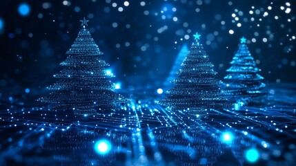 Beautiful Merry Christmas greeting card computer technology style. Christmas tree digital technology. Christmas poster template, Christmas cards digital technology style with details in blue color.