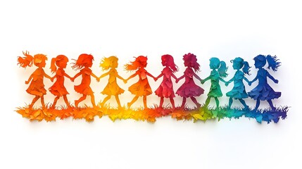 Papercut effect of a group of kids holding hands in a circle, with a clean white backdrop.