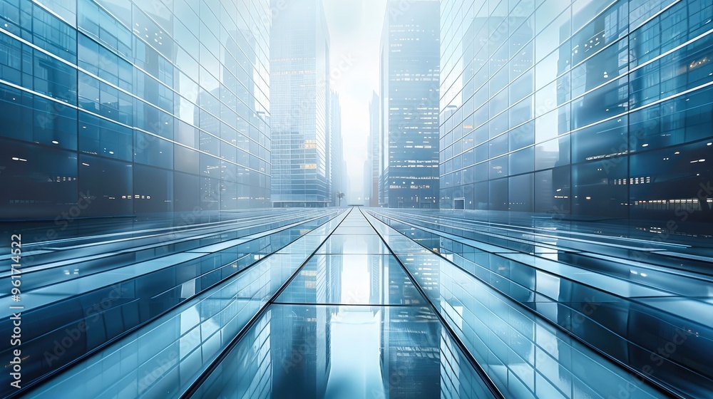Poster Urban architecture, style Future technology, the building is left and right distribution with a technological road in the middle, the pavement is transparent. Generative AI.