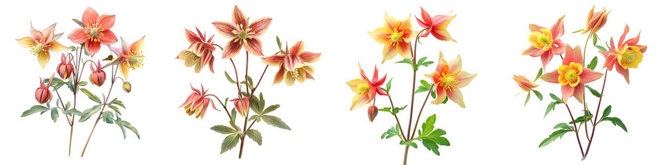 Fototapeta premium Western Columbine - Wildflower with nodding red and yellow flowers often found in meadows and forests. Isolated on Clear White Background Highly Detailed