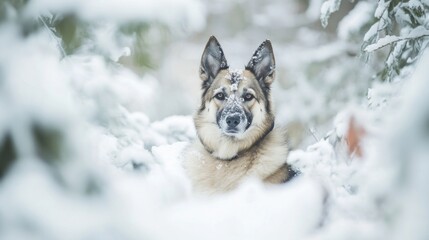 Naklejka premium A dog sits in a snowy landscape, surrounded by trees, capturing a serene winter moment.