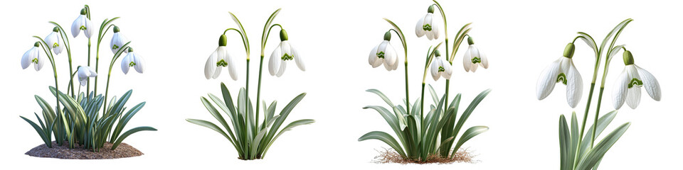 Snowdrop - Small white bell-shaped flowers that bloom in early spring often signaling the end of winter. Isolated on Clear White Background Highly Detailed 