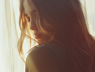 Naklejka premium Peaceful woman with closed eyes enjoying warm sunlight filtering through delicate curtain creating tranquil atmosphere