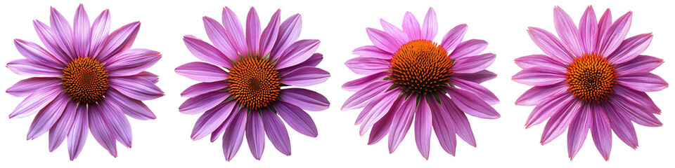 Obraz premium Purple Coneflower - Large daisy-like flowers with purple petals surrounding a spiky orange cone. Isolated on Clear White Background Highly Detailed 