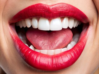 Obraz premium Joyful mouth opens wide to reveal a radiant smile, white teeth glistening like diamonds, tongue forming a loving