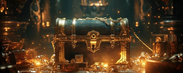 An ancient treasure chest with futuristic locks and glowing runes, surrounded by wealth, in fantasy steampunk style, 3D render