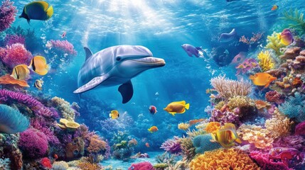 Obraz premium Dolphin Swimming Through Vibrant Coral Reef