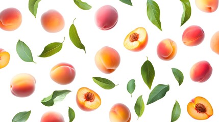 Obraz premium A dynamic flat lay composition of falling peaches and leaves. Making it perfect for promoting healthy eating, organic farming, or summer-themed advertising campaigns
