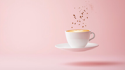 Cup of coffee in air on a rose background.