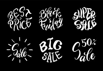 / Set of handwritten sale inscriptions on black background. Best Price, Black Friday, Super Sale, Big Sale, 50% vector hand lettering. Modern brush calligraphy. Concept design for cards, banners, invi