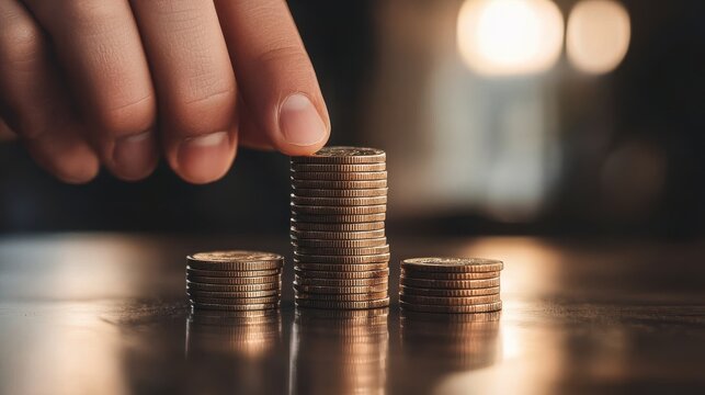 Close-up of a hand stacking coins on a table, representing the process of wealth accumulation and investment growth