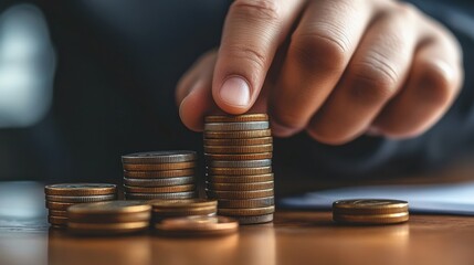 Close-up of a hand stacking coins on a table, representing the process of wealth accumulation and investment growth