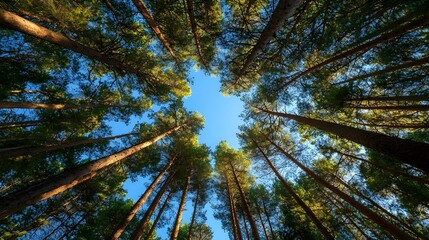 Fototapeta premium A vertical shot looking up through a dense pine forest, with a clear, bright blue sky visible above.