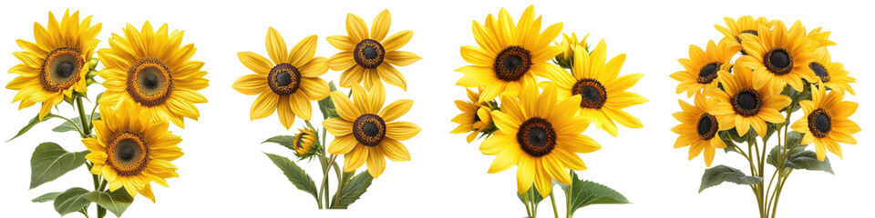 Helianthus - Large cheerful yellow flowers with dark centers also known as sunflowers. Isolated on Clear White Background Highly Detailed
