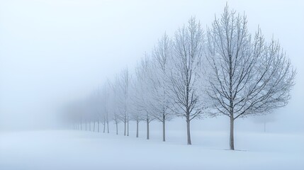 Obraz premium A tranquil winter scene with bare trees covered in a light dusting of snow, set against a soft, overcast sky.