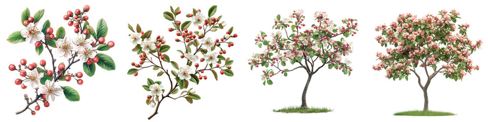 Obraz premium Hawthorn - Thorny shrub or tree with small white or pink flowers and red berries. Isolated on Clear White Background Highly Detailed 